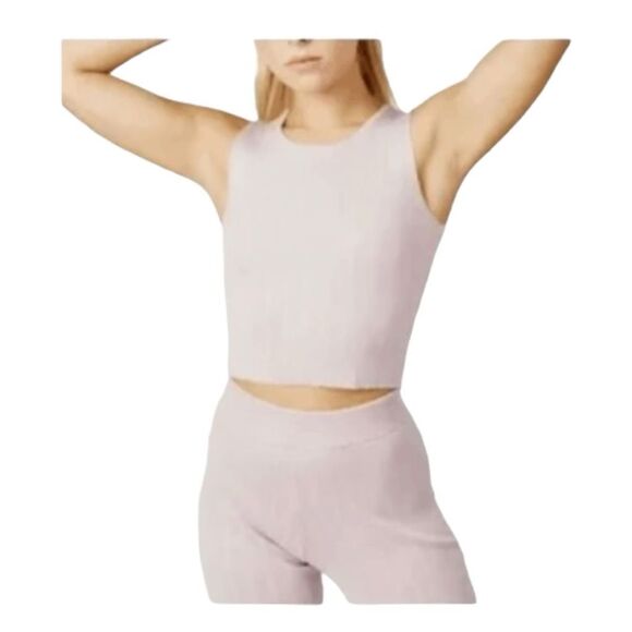 Silk & Salt Staycation 3 Piece Lounge Set Powder Pink Ribbed Knit Pants Top Card - Picture 4 of 10
